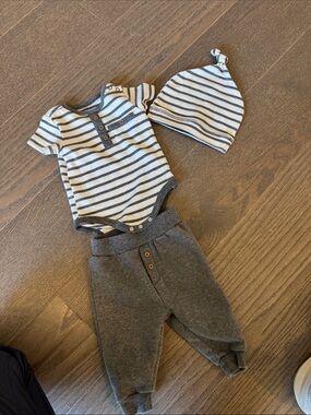 Rene Rofe Gray and White Striped Baby Matching Set
